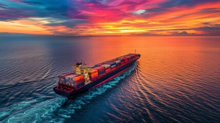 Fototapeta premium A modern cargo ship navigating ocean waters with a stunning sunset in the background