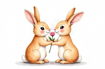 Obraz premium Two adorable cute rabbits holding a flower in their paws. Foreground. Light background. Happy Easter concept and idea