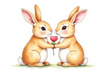 Obraz premium Two adorable cute rabbits holding a flower in their paws. Foreground. Light background. Happy Easter concept and idea