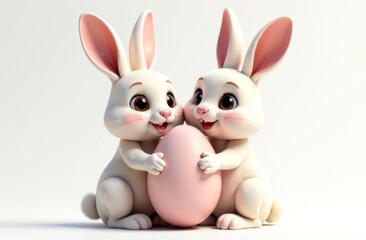 Obraz premium Two cute rabbits holding an Easter egg in their paws, white background. Space for text, congratulations. Happy Easter concept and idea