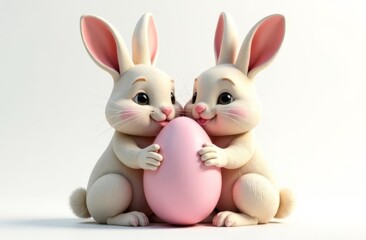 Obraz premium Two cute rabbits holding an Easter egg in their paws, white background. Space for text, congratulations. Happy Easter concept and idea