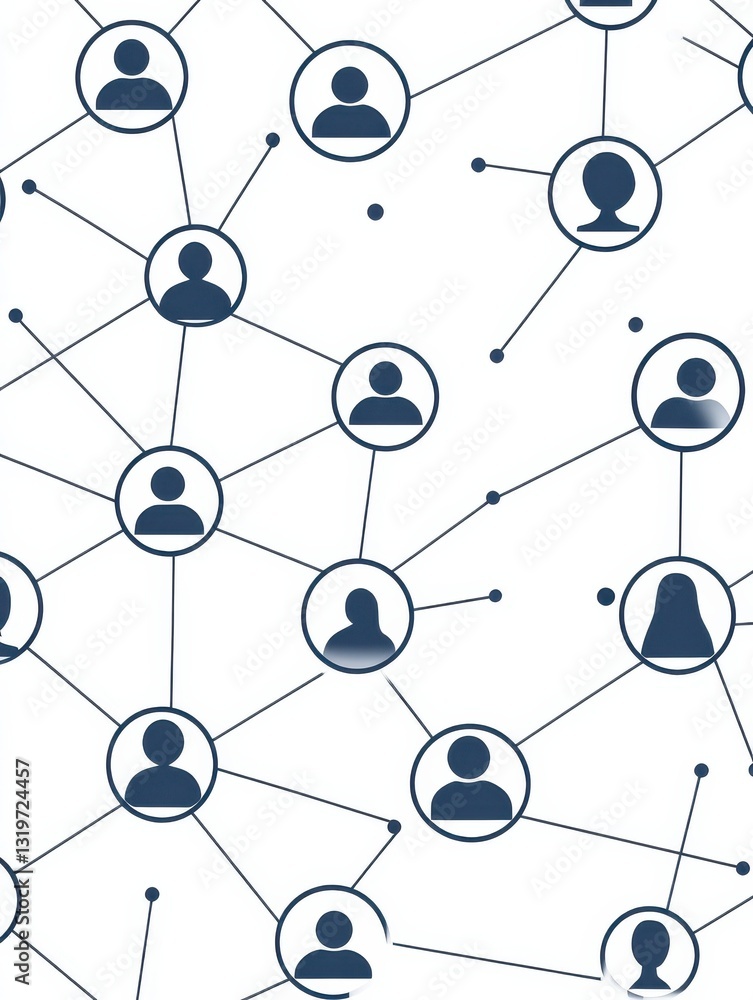 Poster a simple and minimalist style image featuring multiple icons representing people, connected by lines
