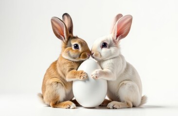 Obraz premium Two cute rabbits holding an Easter egg in their paws, white background. Space for text, congratulations. Happy Easter concept and idea