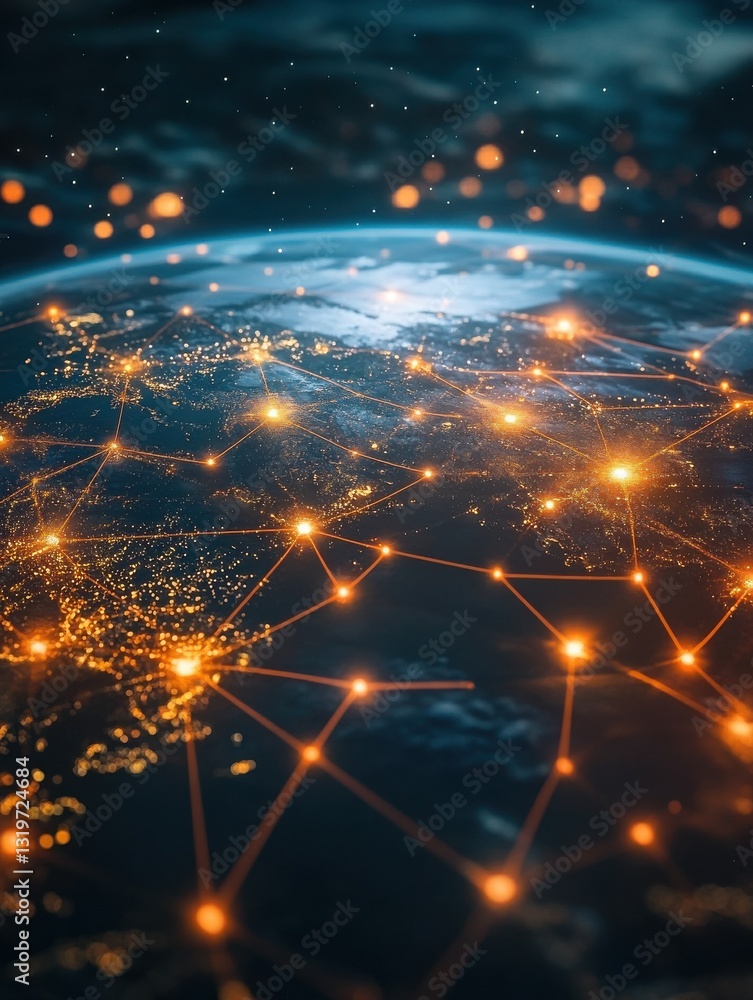 Aufkleber aerial view of a glowing global trade network with interconnected routes and hubs visualizing the wo