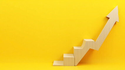 Showing growth, Wooden stairs with upward arrow on yellow background
