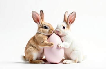 Fototapeta premium Two cute rabbits holding an Easter egg in their paws, white background. Space for text, congratulations. Happy Easter concept and idea