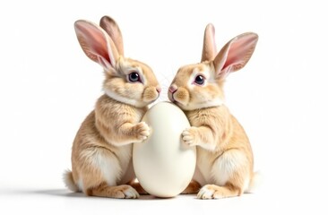 Obraz premium Two cute rabbits holding an Easter egg in their paws, white background. Space for text, congratulations. Happy Easter concept and idea