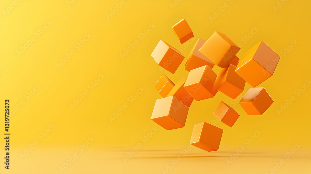 Poster dynamic orange cubes floating on a bright yellow background in a modern minimalist 3d rendered abstr