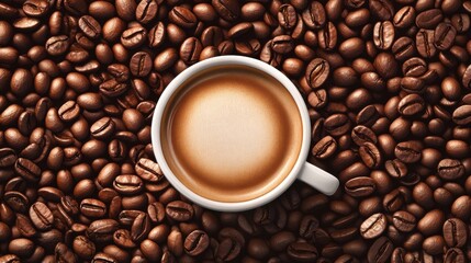 Fototapeta premium Coffee background. Realistic coffee top view, vector white cup of drink. Roasted beans. Cafe bar restaurant banners template