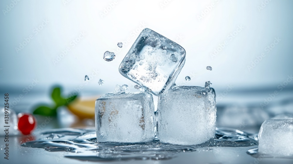 Aufkleber three ice cubes are floating in a glass of water. the ice cubes are melting and creating a splash. t