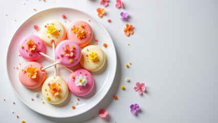 Artfully arranged dye-free candies on a white plate with colorful edible toppings, sitting atop scattered flower petals on a light gray surface.