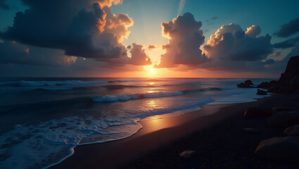 Sunset over beach with dramatic clouds and ocean waves
