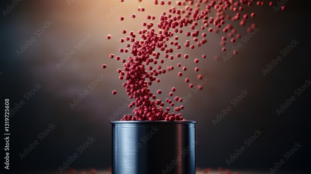 Poster silver container filled with red balls is shown in the image. the balls are scattered all over the c