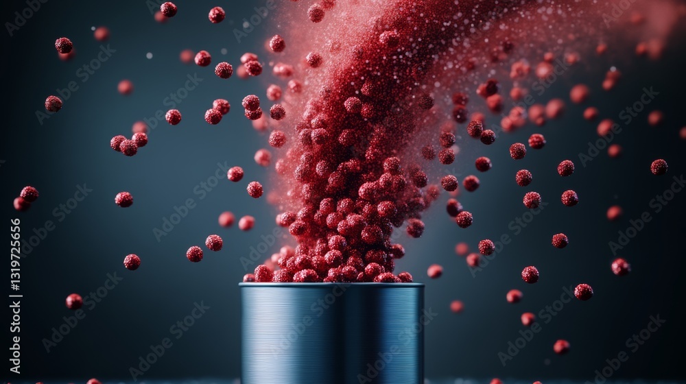 Aufkleber can of red berries is opened and the contents are spilling out. concept of chaos and disorder as the