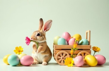 Fototapeta premium Adorable cute bunny with a flower in his teeth is pushing a wooden cart with Easter eggs on a light background. Close-up. Happy Easter day concept and idea
