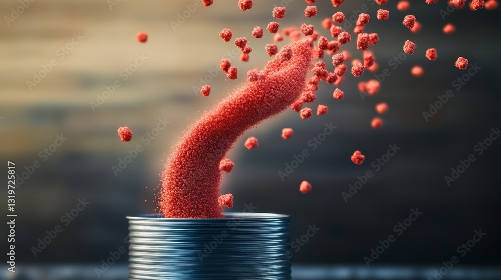 Poster can of red powder is opened and the powder is falling out of the can. the image has a playful and wh