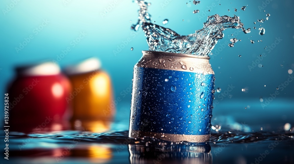 Poster can of soda is floating in a pool of water. the water is splashing around the can, creating a fun an