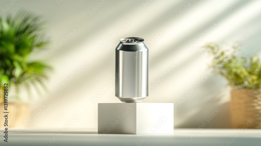 Poster can of soda is sitting on a white pedestal. the can is empty and shiny, and the sunlight is shining 