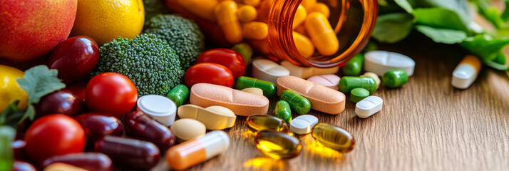 Vitamins and Supplements with Fresh Vegetables on a Wooden Table
