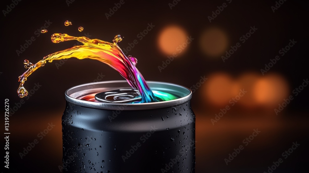 Poster can of soda with a rainbow colored splash of liquid coming out of it. the image has a playful and fu