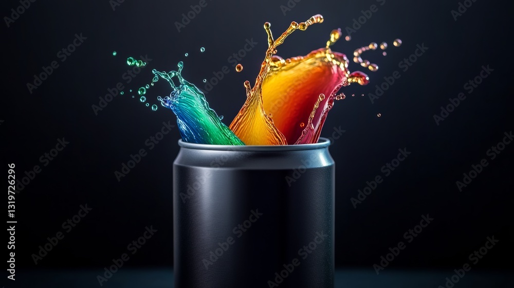 Poster can of soda is splashed with rainbow colors. the image is a creative and colorful representation of 