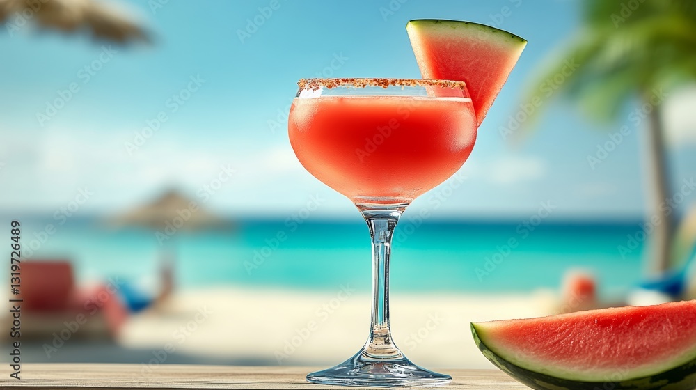 Poster glass of watermelon juice with a slice of watermelon on top. the image has a beach setting with peop