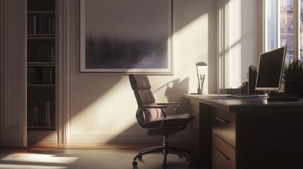 Fototapeta premium Elegant home workspace featuring a modern chair, large desk, and artwork, designed for focused work