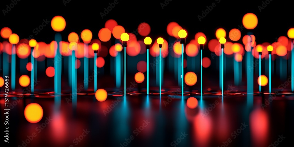 Poster Close up of a series of blue and red lights. The lights are arranged in a grid pattern and are illuminated in a way that creates a sense of movement and energy