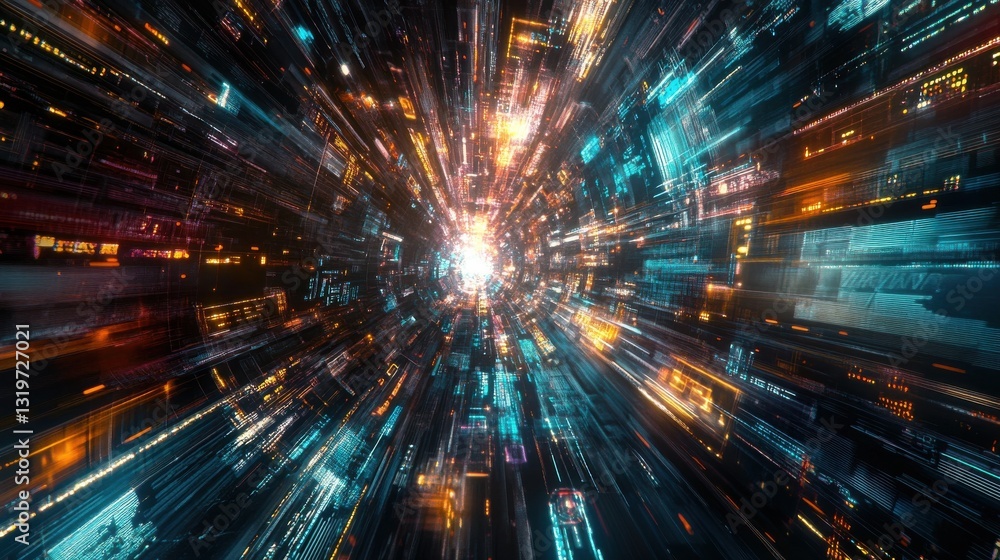 Poster Big data flow technology and science vector background, tech abstraction with lines electronics and digital style in 3D dimensional perspective, abstract illustration.