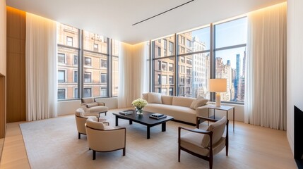 Fototapeta premium Modern living room with large windows showcasing city skyline, elegant furniture, and soft lighting
