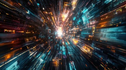 Fototapeta premium Big data flow technology and science vector background, tech abstraction with lines electronics and digital style in 3D dimensional perspective, abstract illustration.