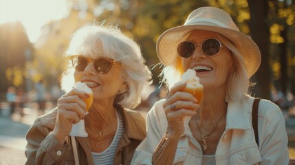 Fototapeta premium Elderly Women Friends Enjoying Ice Cream Outdoors in Summer Park - Joyful Senior Woman Friendship Concept.