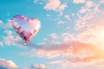 Fototapeta premium A heart-shaped foil balloon drifts through a pastel sky filled with fluffy clouds at sunset.