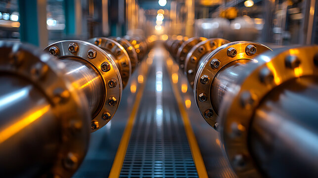 Parallel metal pipes with bolted flanges stretch into the distance within an industrial setting illuminated by warm lighting.