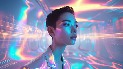 Naklejka premium Woman in futuristic digital space with glowing lights 