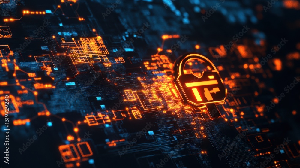 Poster glowing circuit key and world map interface. safety and security concept. 3d rendering