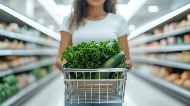 A woman shopping for fresh green vegetables in a supermarket captures the essence of healthy living and the joy of choosing nutritious food options for a balanced diet.