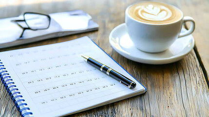 A white coffee cup sits on a wooden table next to a notebook with a pen. generated using AI