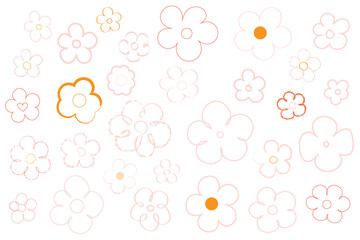 Hand-drawn set of simple line art daisies in soft pink, orange and red outlines on white background. Floral illustration perfect for feminine designs, stationery, spring-themed projects. Botanical PNG