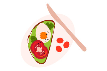Colorful avocado toast illustration with fried egg, tomato slice and cherry tomatoes. Flat design breakfast food, minimalist brunch graphic. Healthy eating, food vector art, modern kitchen. PNG