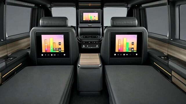 Luxury van interior screens, reclining seats, city background