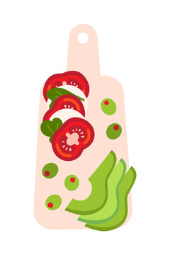 Fresh vegetable slices on a wooden cutting board with a knife. Sliced tomatoes, avocado, mozzarella cheese and olives for a healthy meal. Perfect for cooking, food prep, and nutrition concepts.