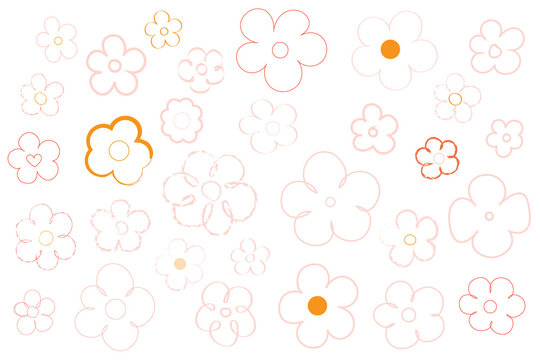 Hand-drawn set of simple line art daisies in soft pink, orange and red outlines on white background. Floral illustration perfect for feminine designs, stationery, spring-themed projects. Botanical PNG