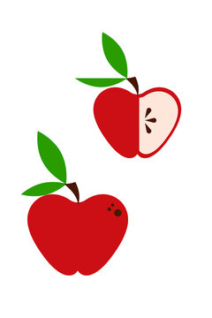 Illustration of two red apples, one whole and one cut in half. Clean flat design with bright colors and simple green leaves. Vector fruit graphic ideal for education, nutrition, and healthy lifestyle