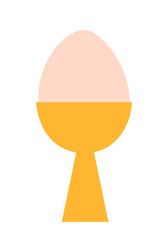 Minimalist illustration of boiled egg in eggcup on white background. Simple flat design of breakfast food. Modern vector graphic with egg and yellow egg holder. Perfect for food menus and cooking