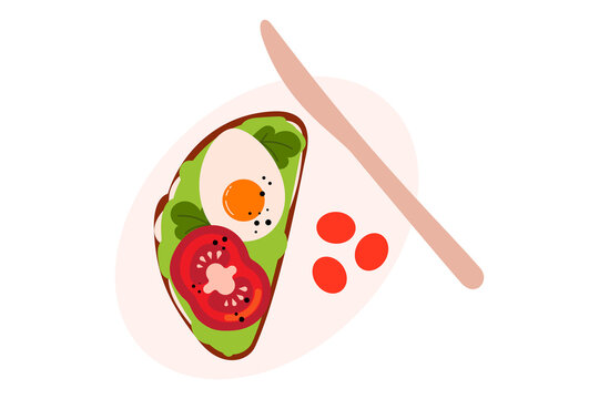 Colorful avocado toast illustration with fried egg, tomato slice and cherry tomatoes. Flat design breakfast food, minimalist brunch graphic. Healthy eating, food vector art, modern kitchen. PNG