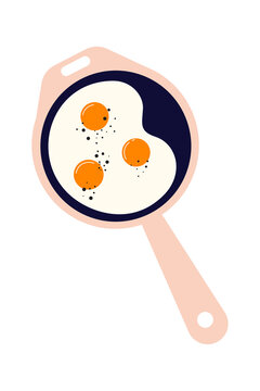 Fun illustration of fried eggs in pink frying pan on white background. Modern flat design of sunny side up eggs with orange yolks and black pepper. Simple cooking concept for breakfast food graphics