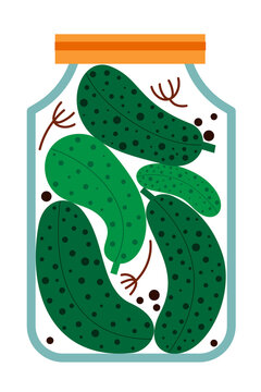 Pickles in glass jar illustration on white background. Minimalist flat design of preserved cucumbers in brine with spices. Modern vector food graphic for kitchen decor, recipe blog, or restaurant menu