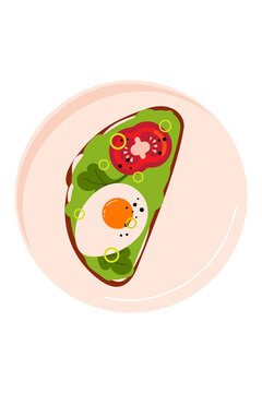 Colorful avocado toast illustration with fried egg and tomato slice on pale pink plate. Flat design breakfast food, minimalist brunch graphic. Healthy eating, food vector art, modern kitchen. PNG