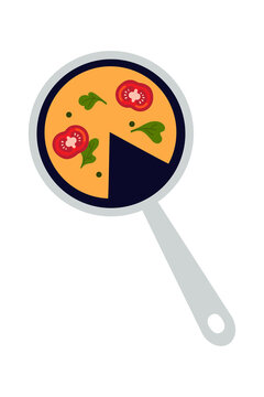 Colorful illustration of a frying pan with omelet inside, featuring tomato slices and green herbs. Flat design cooking utensil with minimalist food graphic. Vector kitchen art perfect for article post
